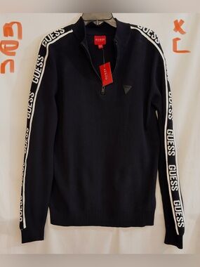 GUESS Black Half-Zip Sweater with White Logo Sleeve Tape